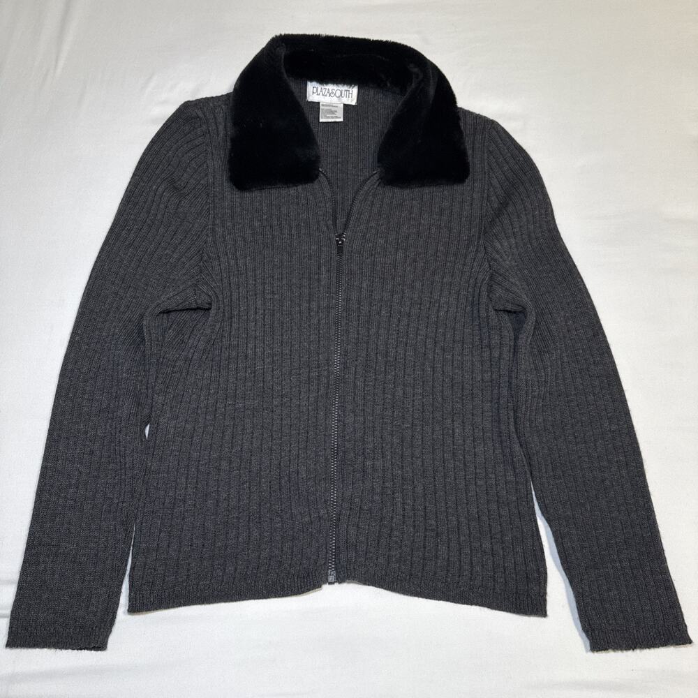 Plaza South Vtg Womens M Ribbed Gray Wool Blend Zip Cardigan Faux Fur Collar EUC